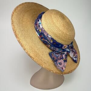 Y2K Oversized Straw Sun Hat Floral Scarf Coastal Palm Beach Vintage Paloma